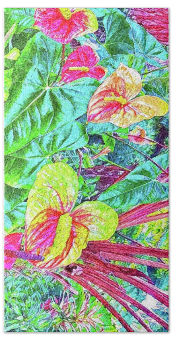 Anthuriums Pink Turquoise Tropical Hawaii Flowers Of Aloha Hand Towel featuring the photograph Anthuriums Pink and Turquoise by Joalene Young