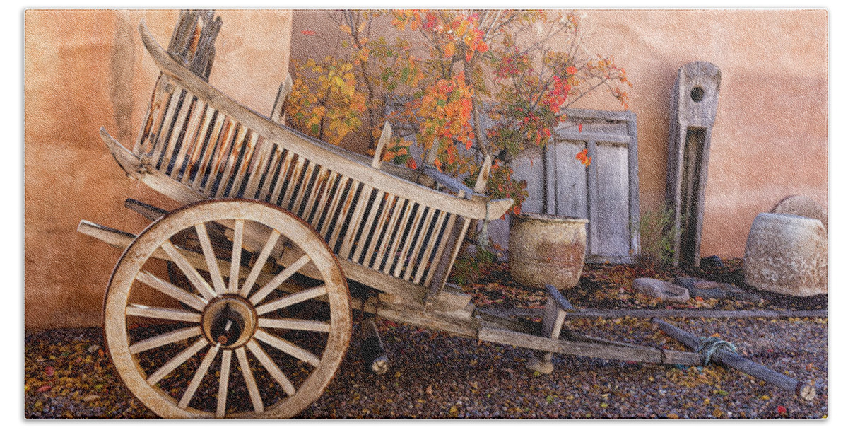Antique Wagon Bath Towel featuring the photograph Antique Carreta in Northern New Mexico by Kathleen Bishop