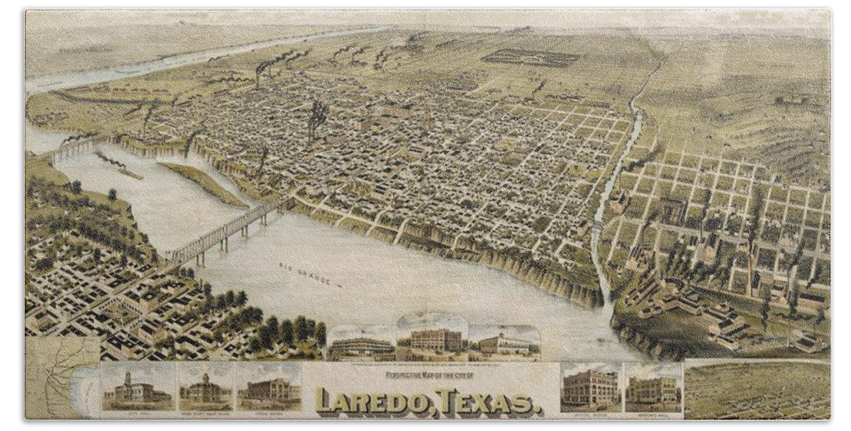 Antique Birds Eye View Map Of Laredo Hand Towel featuring the drawing Antique Maps - Old Cartographic maps - Antique Birds Eye View Map of Laredo, Texas, Mexico, 1892 by Studio Grafiikka