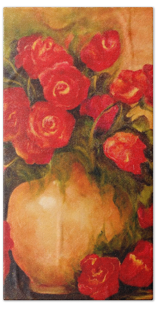 Red Roses In Vase Bath Towel featuring the painting Antique Red Roses by Jordana Sands
