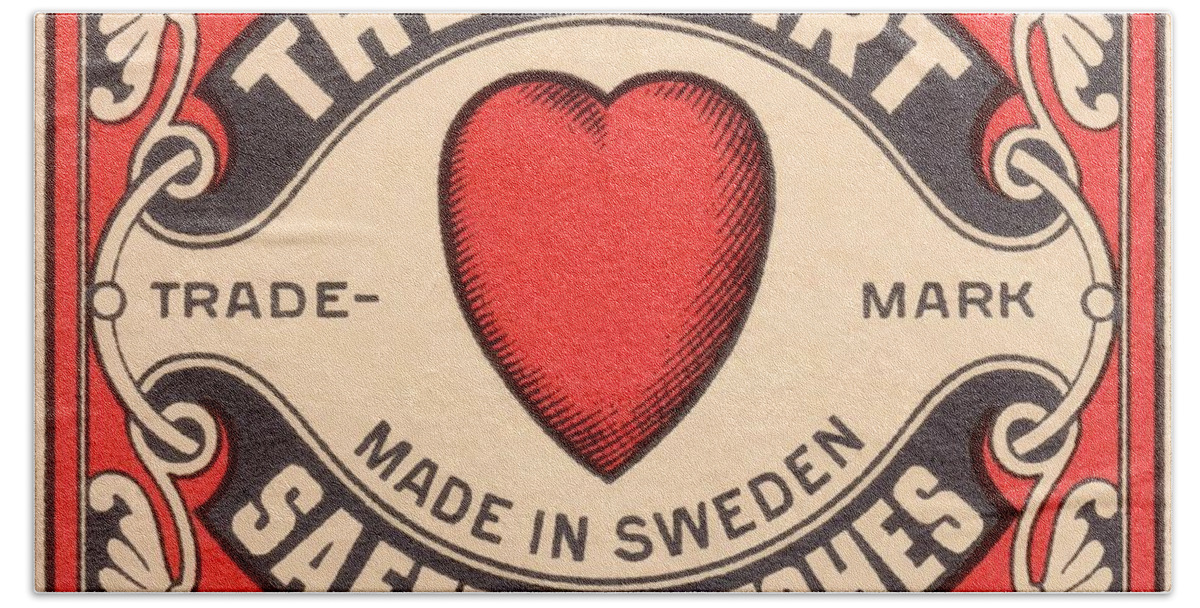Matchbox Hand Towel featuring the digital art Antique Swedish Matchbox Label The Heart by Retro Graphics