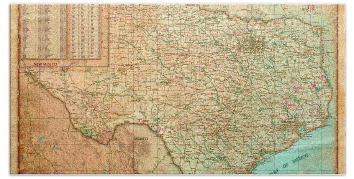 Texas Hand Towel featuring the digital art Antiqued Texas Wall Map by Compart by Texas Map Store