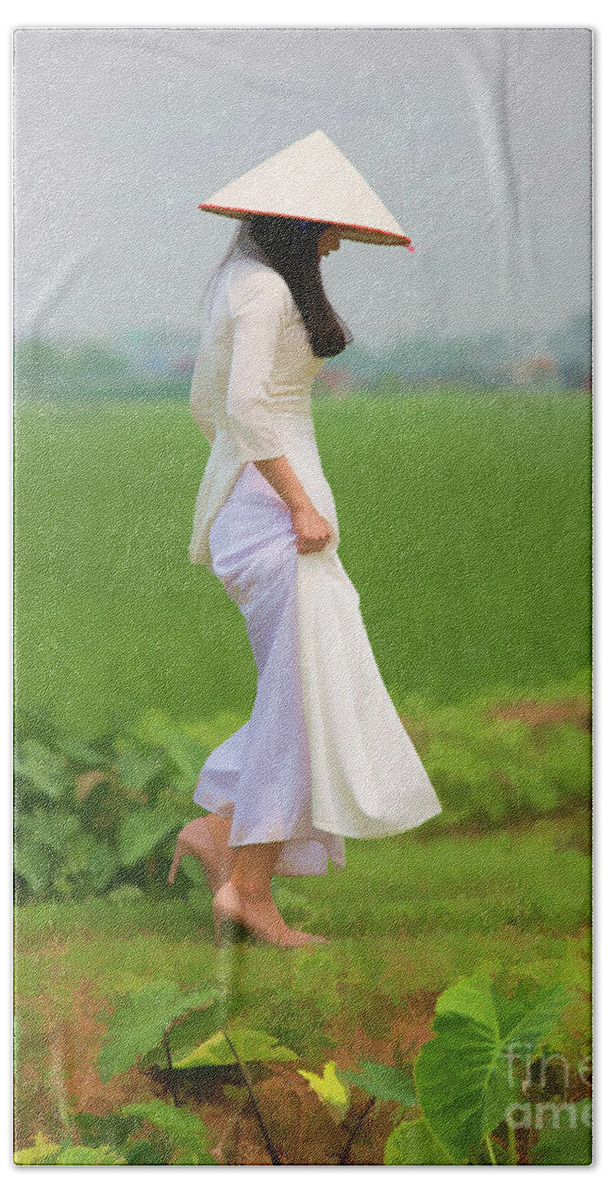 Vietnam Hand Towel featuring the digital art Ao Dai Woman Vietnamese Woman by Chuck Kuhn