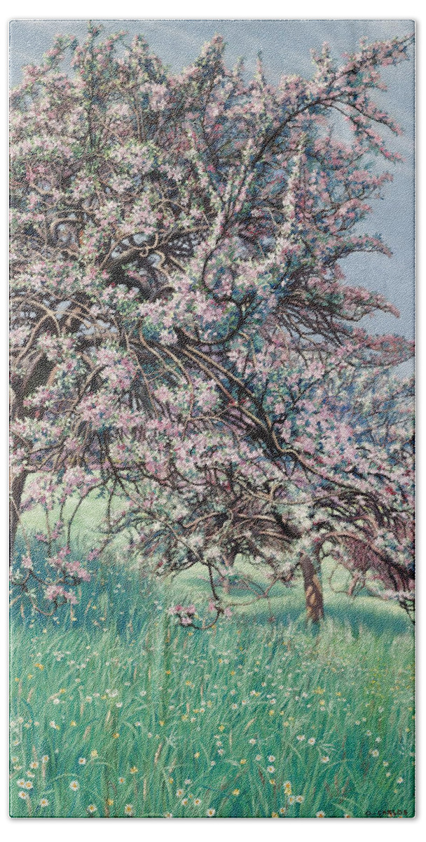 Carlos Schwabe Bath Towel featuring the painting Apple Blossom by Carlos Schwabe
