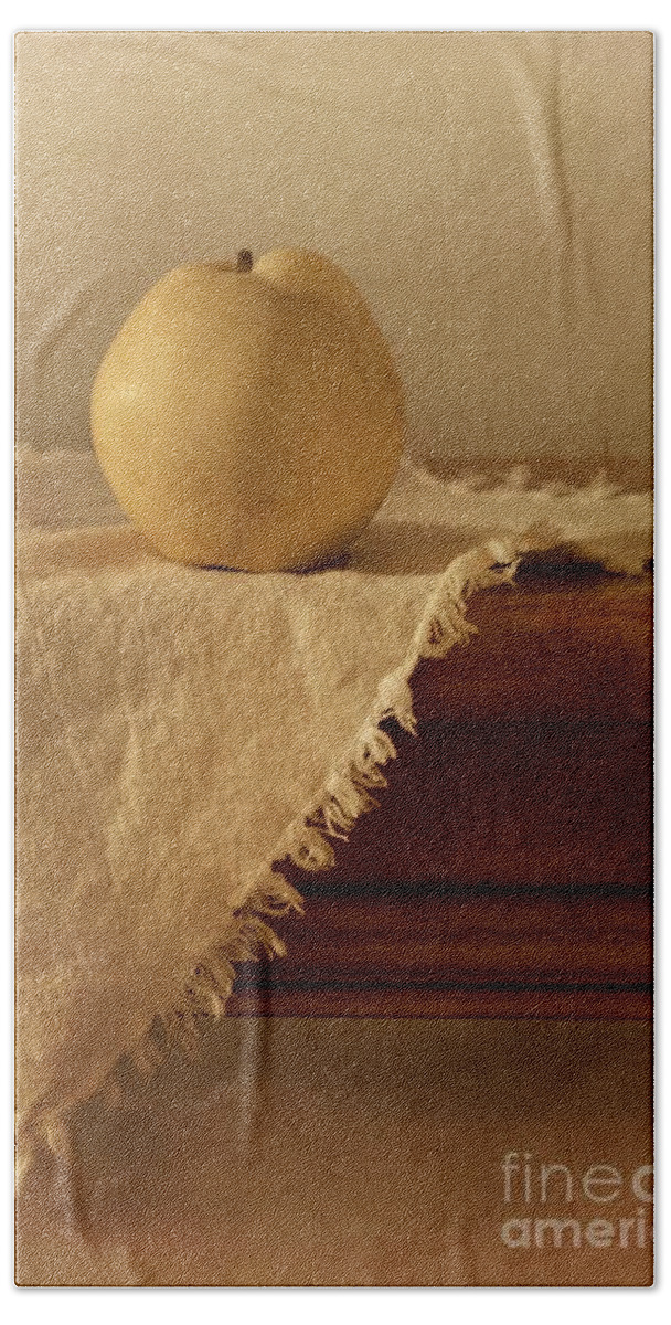 Dining Room Bath Towel featuring the photograph Apple Pear On A Table by Priska Wettstein