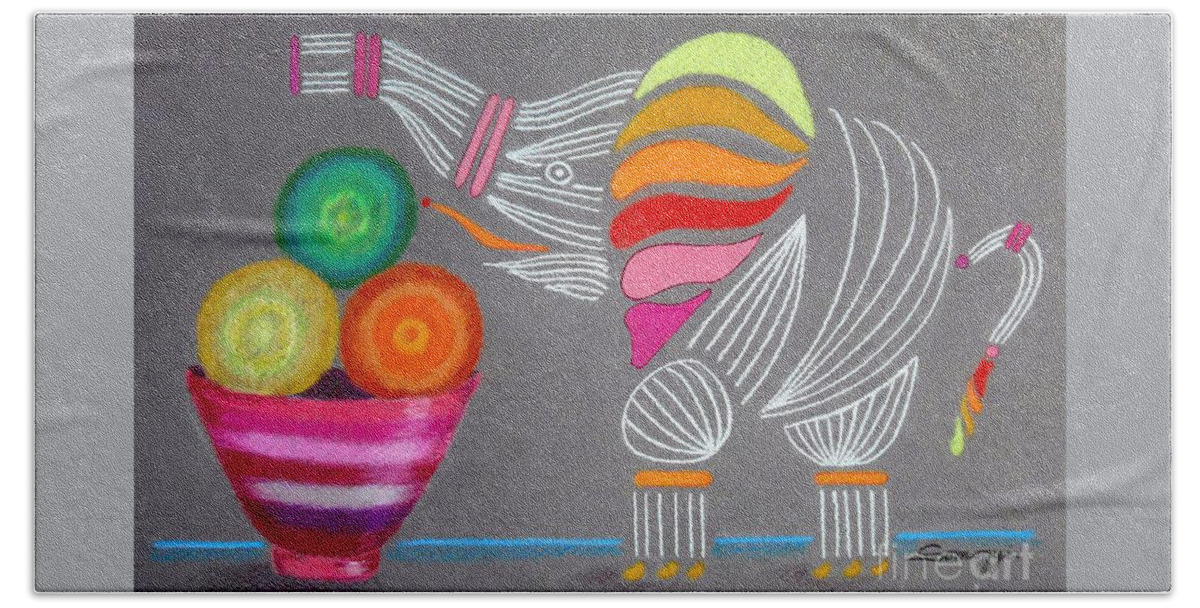 Elephant Hand Towel featuring the drawing Apples and Oranges and Elephants, Oh My -- Whimsical Still Life w/ Elephant by Jayne Somogy