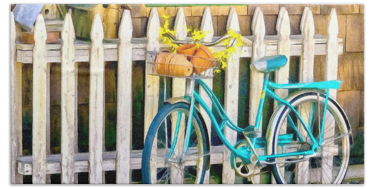 Aqua Hand Towel featuring the photograph Aqua Antique Bicycle along Fence by Betty Denise