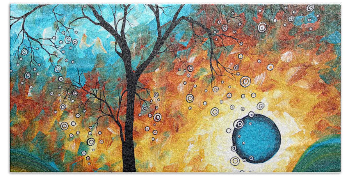 Art Painting Landscape Abstract Contemporary Painting Original Art Madart Licensing Licensor Modern Fine Art Buy Print Surreal Sun Fun Colorful Upbeat Lifestyle Brand Whimsical Tree Yellow Tan Cream Teal Aqua Turquoise Blue Circles Landscape Rust Yellow Brown Hand Towel featuring the painting Aqua Burn by MADART by Megan Duncanson