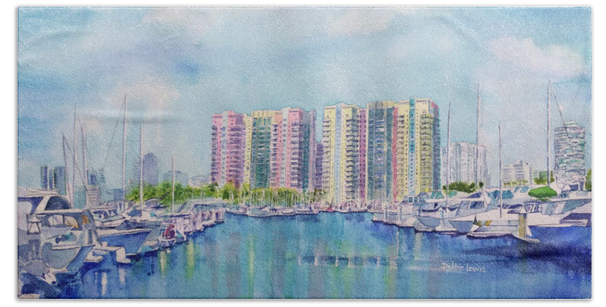 Aqua Towers Hand Towel featuring the painting Aqua Towers and the Marina in Long Beach by Debbie Lewis