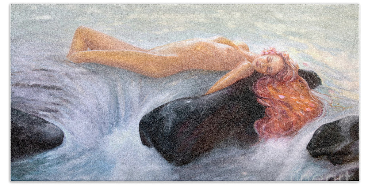 Aquamarine Hand Towel featuring the painting AQUAMARINE Sea Goddess by Michael Rock