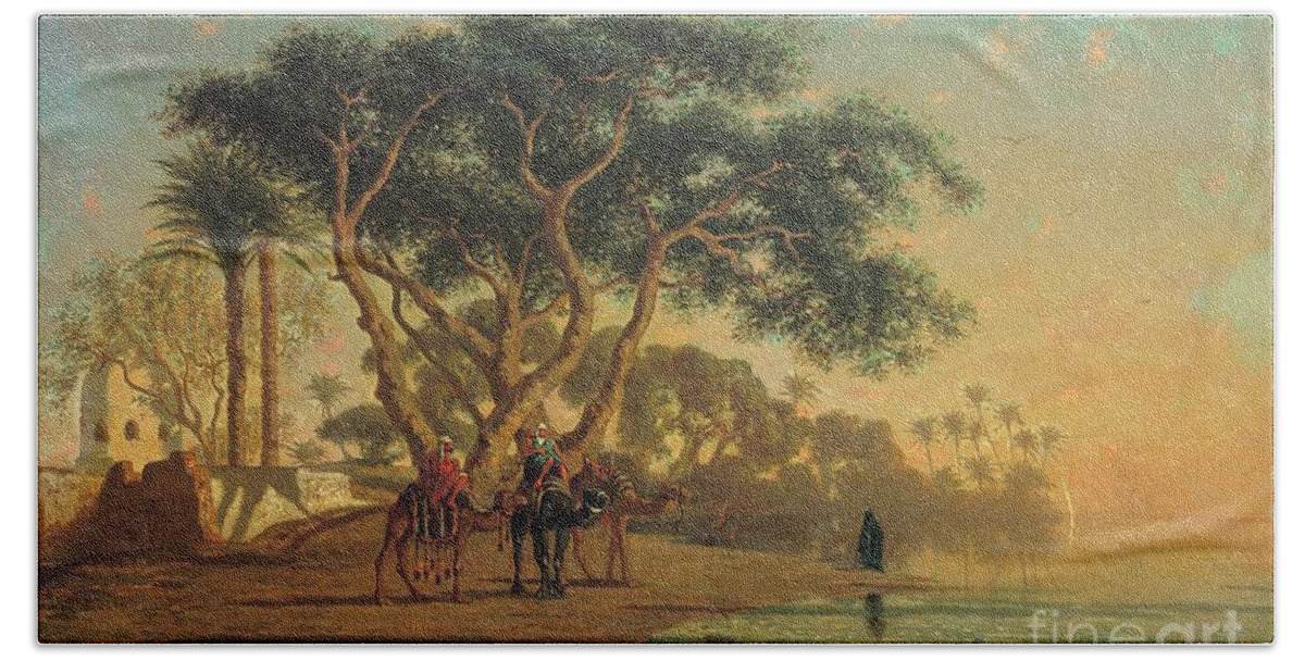 Arab Hand Towel featuring the painting Arab Oasis by Narcisse Berchere