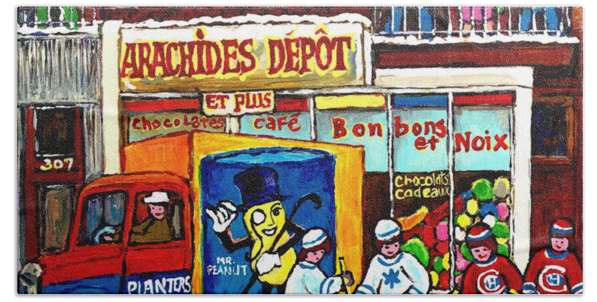Verdun Bath Towel featuring the painting Arachides Depot Candy Shop Painting Rue De L'eglise Verdun Montreal Hockey Art Carole Spandau    by Carole Spandau