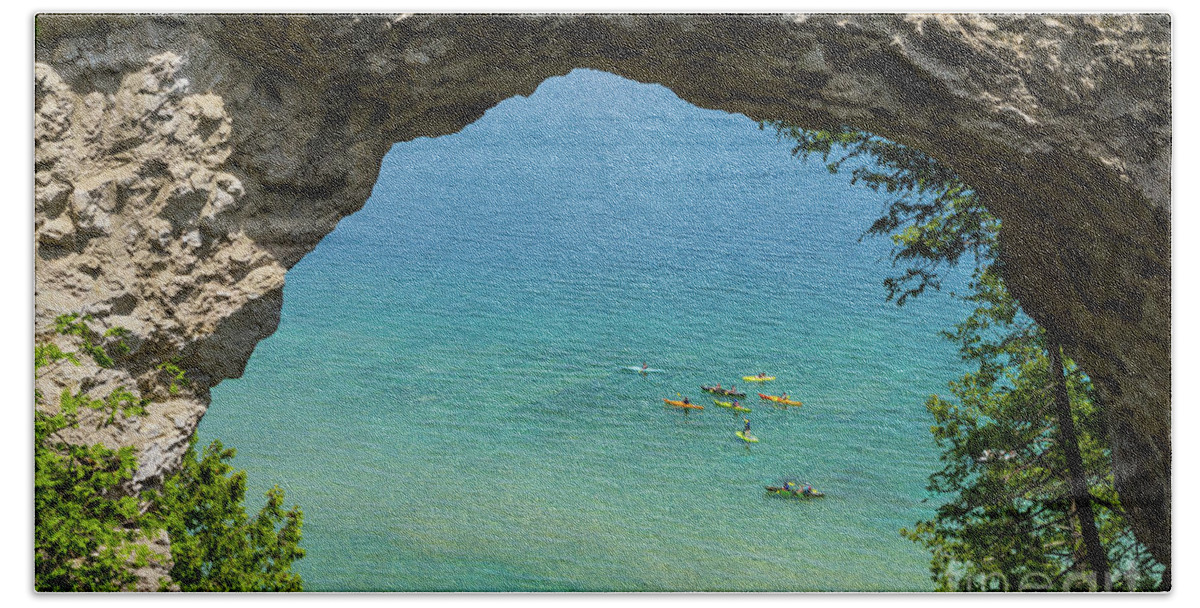 Mackinac Island Hand Towel featuring the photograph Arch Rock Canoeing by Jennifer White