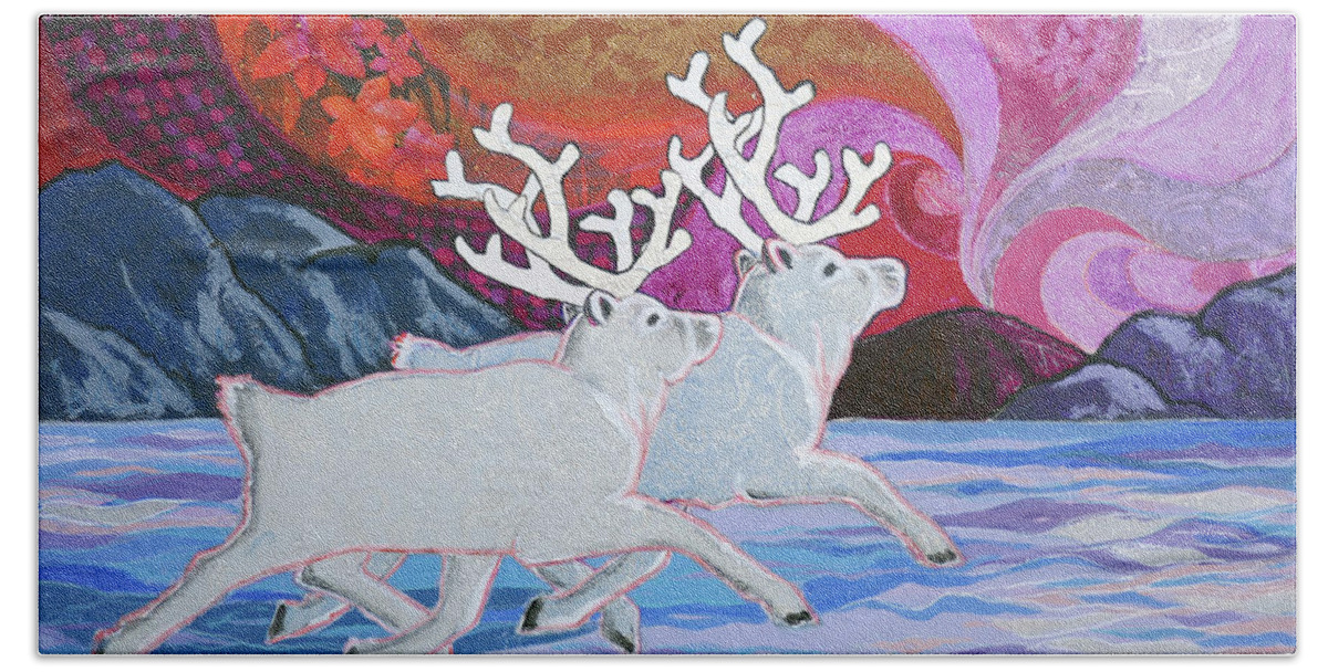 Caribou Hand Towel featuring the painting Arctic Prance by Ande Hall