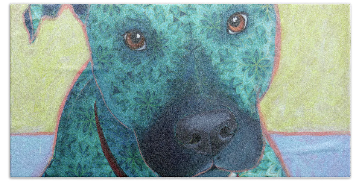 Pit Bull Hand Towel featuring the painting Aries in Aquamarine by Ande Hall