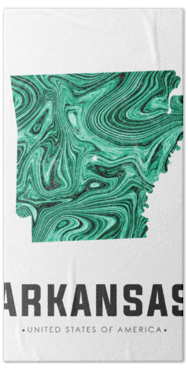 Arkansas Hand Towel featuring the mixed media Arkansas Map Art Abstract in Green by Studio Grafiikka