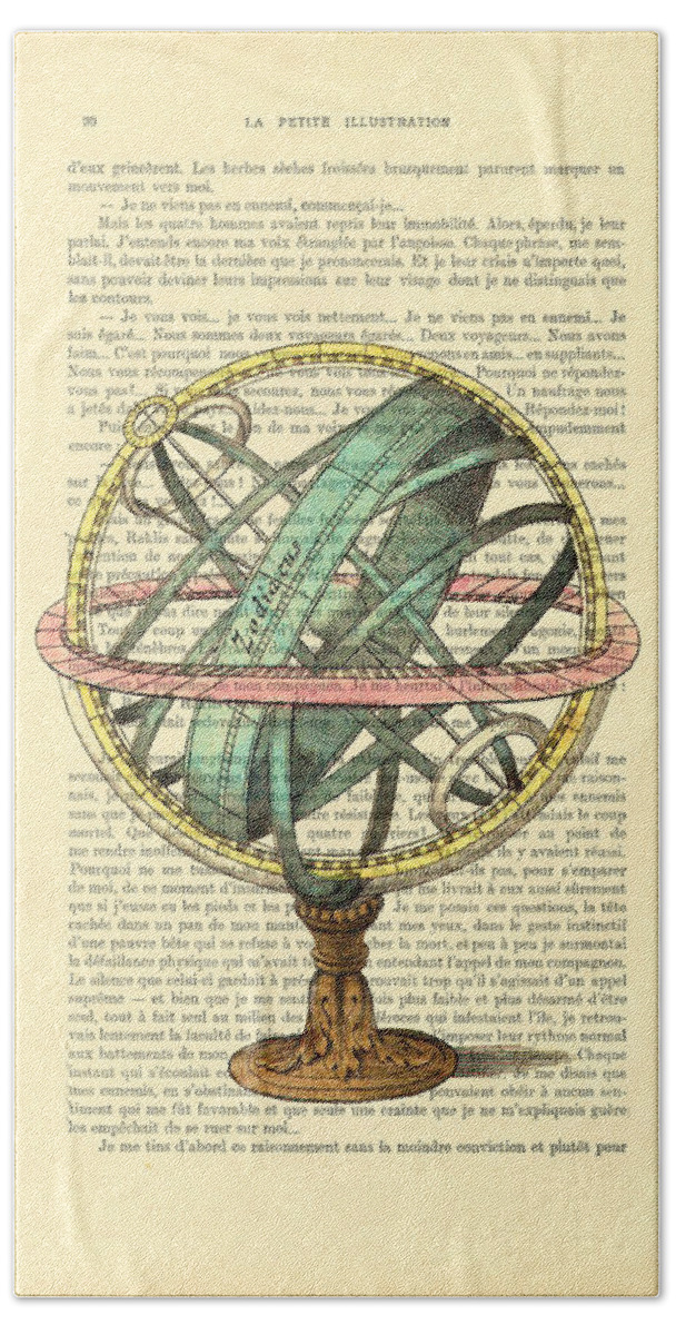 Armillary Sphere Hand Towel featuring the digital art Armillary Sphere In Color Antique Illustration On Book Page by Madame Memento
