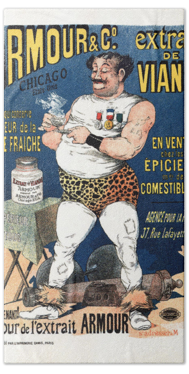 Vintage Hand Towel featuring the mixed media Armour and co Mean Extract - Body Builder - French Vintage Advertising Poster by Studio Grafiikka
