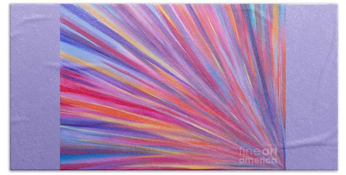 A Popular Original Artwork.showing A Full-color Spectrum Of Vibrant Hues Radiating In A Burst From A Single Point.pink Blue Green Yellow And Every Variation. Bath Towel featuring the painting Array by Priscilla Batzell Expressionist Art Studio Gallery