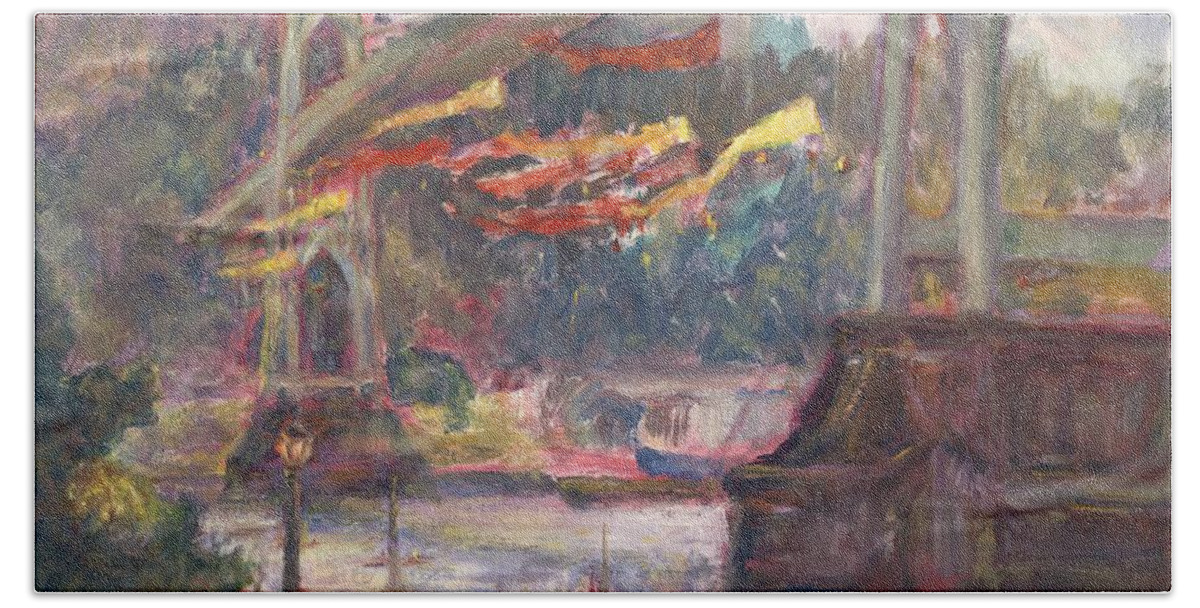 Quin Sweetman Bath Towel featuring the painting Artful Activism, St Johns Bridge, Original Contemporary Impressionist Oil Painting by Quin Sweetman