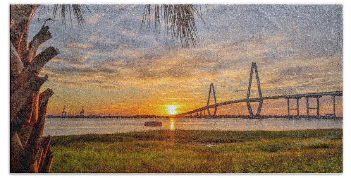 Arthur Ravnel Jr Bridge Hand Towel featuring the photograph Arthur Ravenel Jr. Bridge and Cooper River at Sunset by Donnie Whitaker