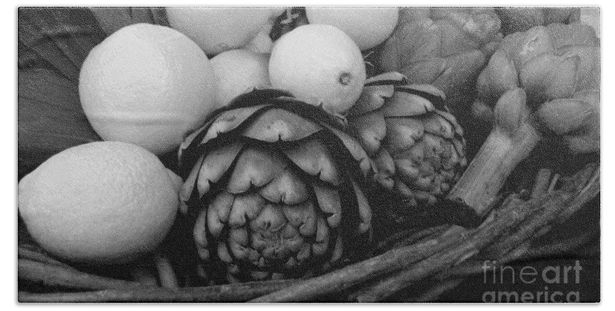 Fruit Bath Towel featuring the photograph Artichokes With White Lemons And Oranges by James B Toy