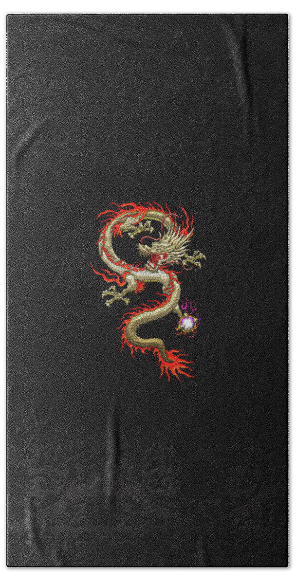 'treasures Of China' Collection By Serge Averbukh Bath Towel featuring the digital art Golden Chinese Dragon Fucanglong on Black Silk by Serge Averbukh