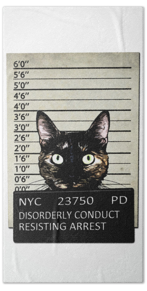 Cat Kitty Kittycat Feline Animal Criminal Mugshot Jail Prison Arrest Arrested Humor Funny Cute Pet Hand Towel featuring the mixed media Kitty Mugshot by Nicklas Gustafsson