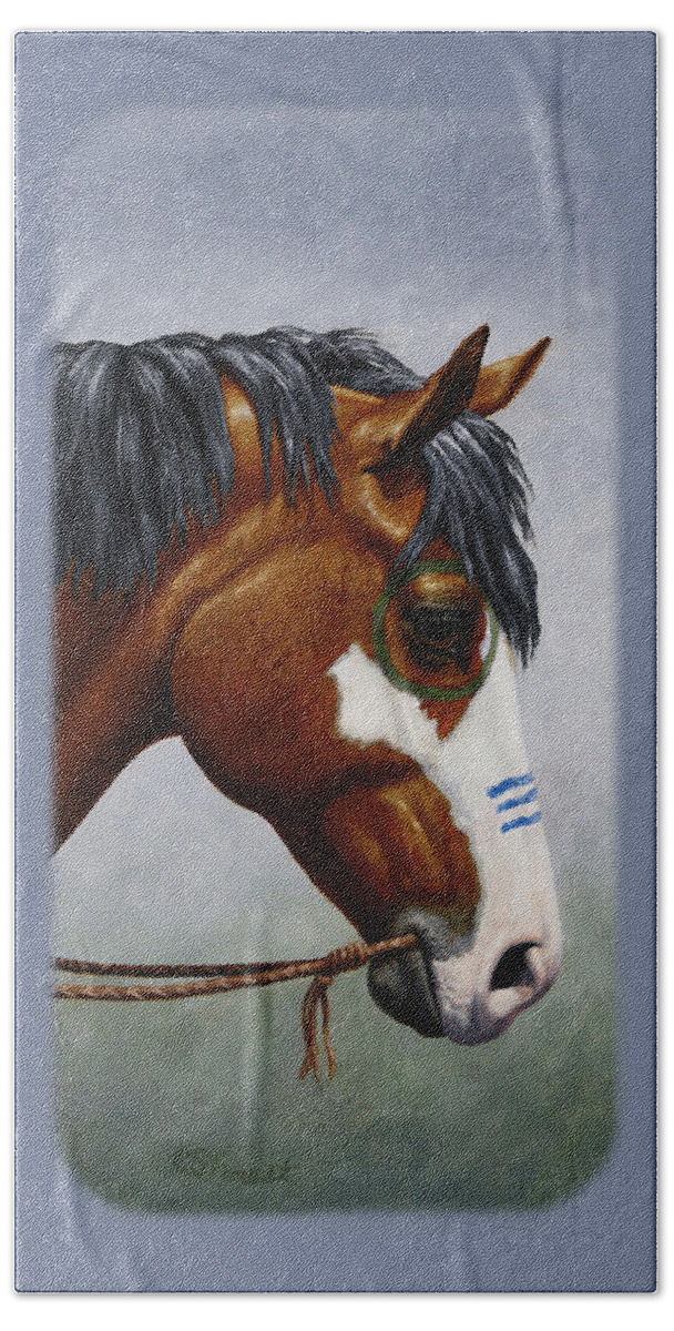 Horse Bath Towel featuring the painting Bay Native American War Horse by Crista Forest