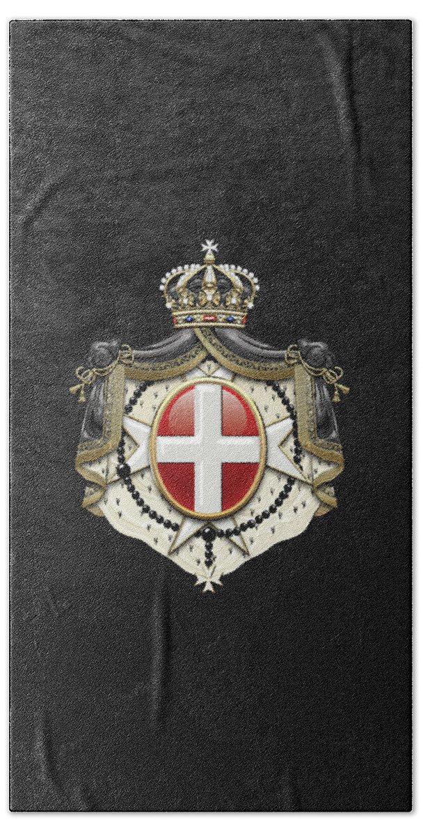'ancient Brotherhoods' Collection By Serge Averbukh Bath Towel featuring the digital art Sovereign Military Order of Malta Coat of Arms over Black Velvet by Serge Averbukh