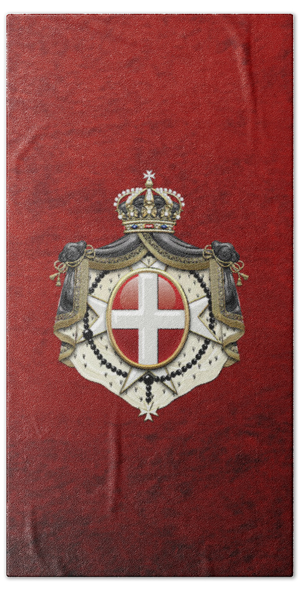 'ancient Brotherhoods' Collection By Serge Averbukh Bath Towel featuring the digital art Sovereign Military Order of Malta Coat of Arms over Red Velvet by Serge Averbukh