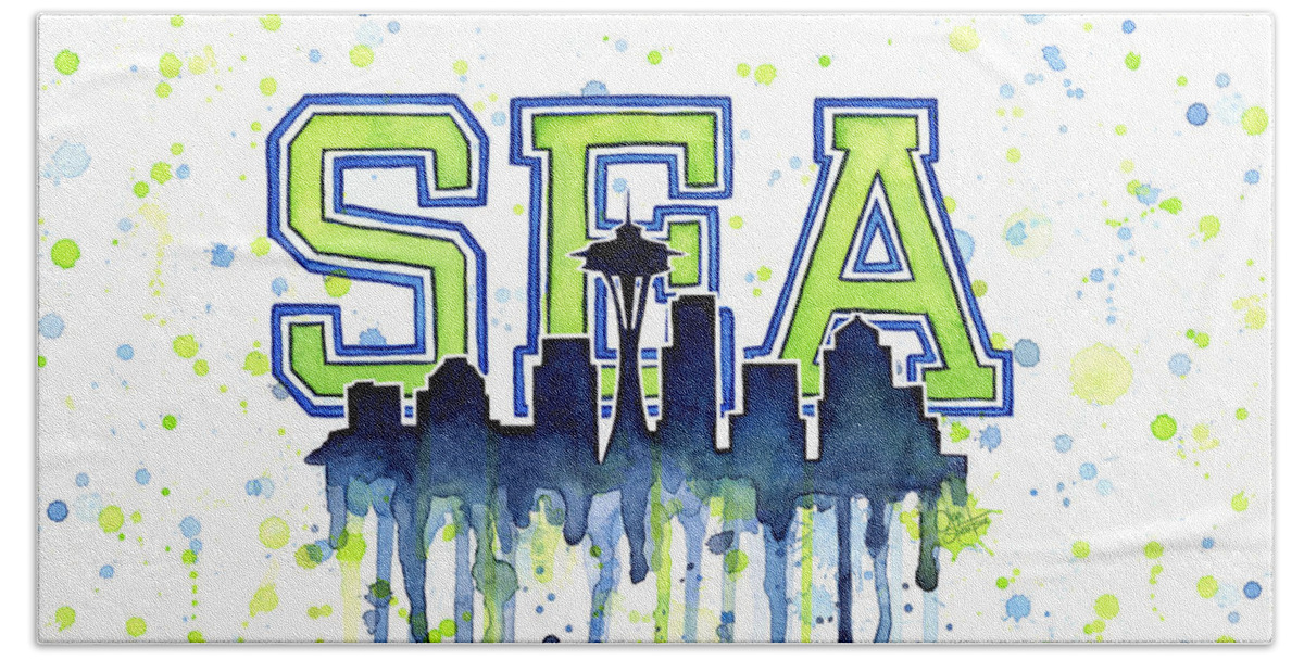 Watercolor Hand Towel featuring the painting Seattle Watercolor 12th Man Art Painting Space Needle Go Seahawks by Olga Shvartsur