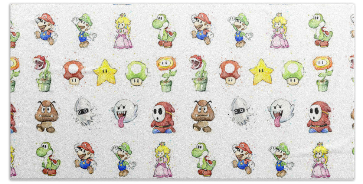 Mario Hand Towel featuring the painting Mario Characters in Watercolor by Olga Shvartsur