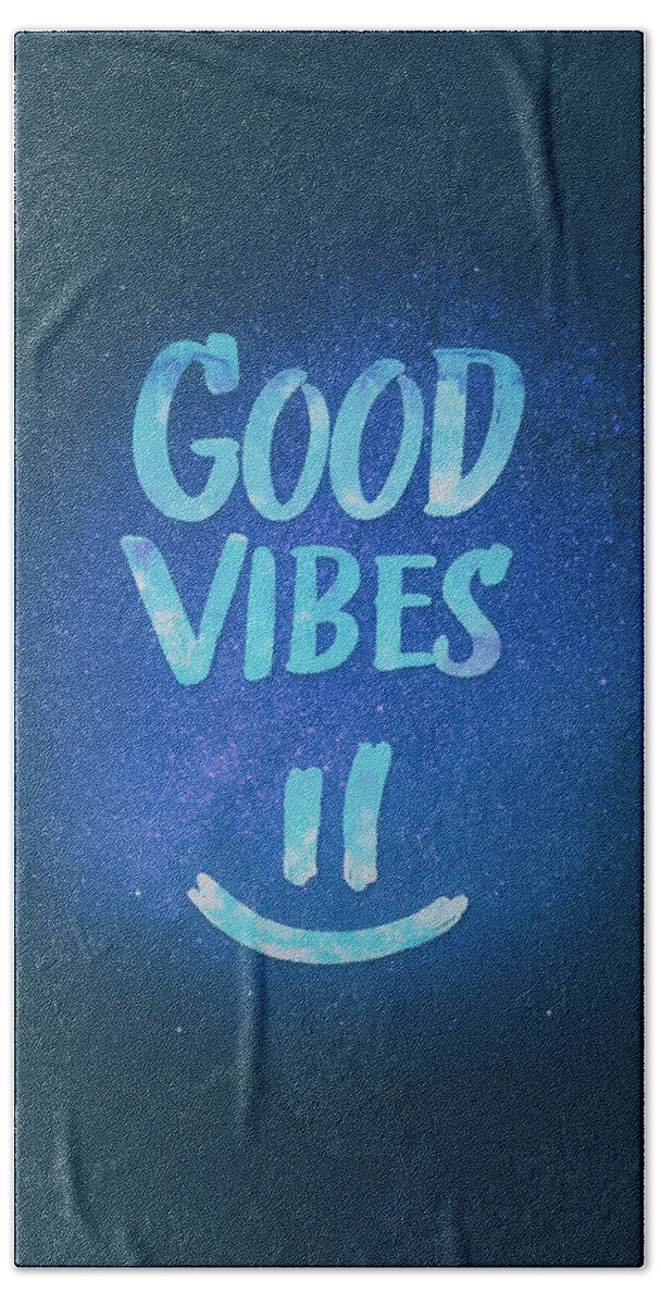 Good Vibes Hand Towel featuring the digital art Good Vibes Funny Smiley Statement Happy Face Blue Stars Edit by Philipp Rietz