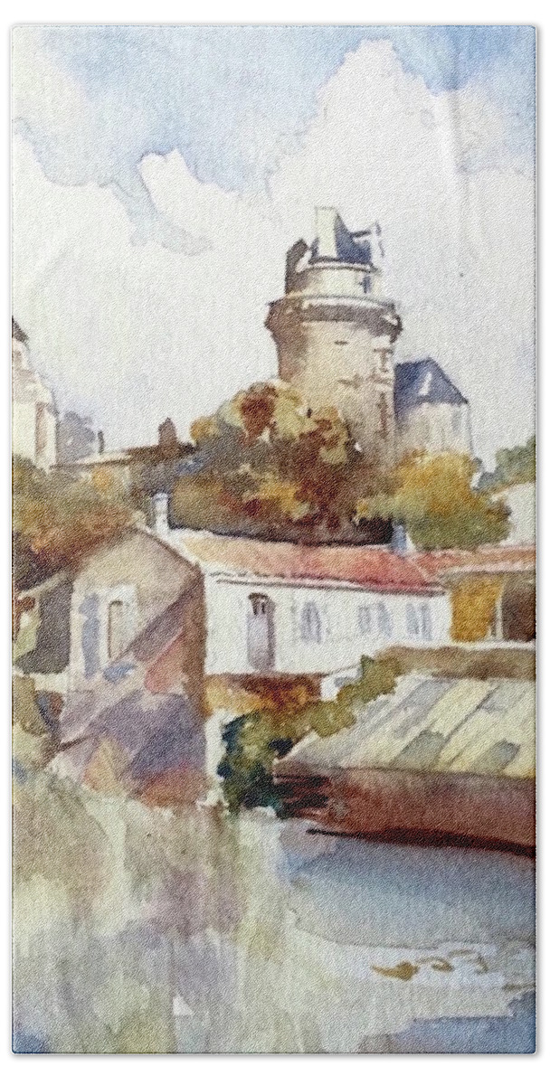 Chateau Hand Towel featuring the painting Chateau Poitevin - France by Francoise Chauray