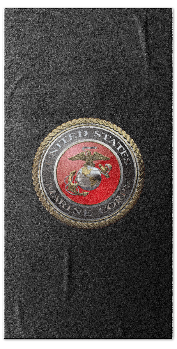 'usmc' Collection By Serge Averbukh Bath Towel featuring the digital art U. S. Marine Corps - U S M C Emblem over Black Velvet by Serge Averbukh