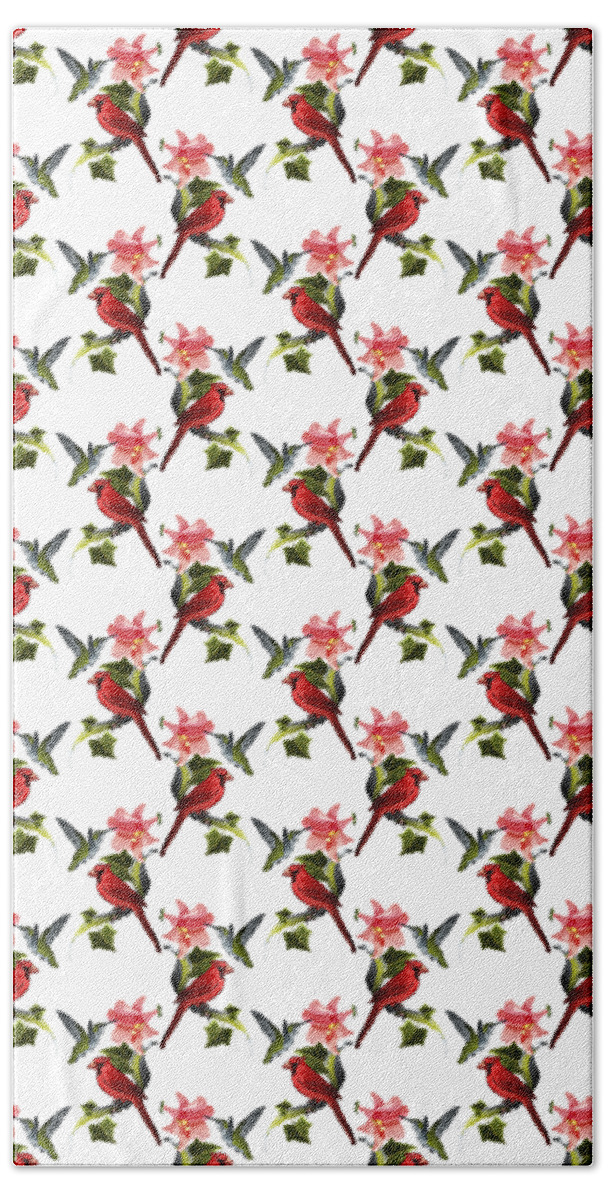 Graphic Bird Hand Towel featuring the digital art Cardinal on Ivy Branch with Hummingbird and Pink Lily by MM Anderson