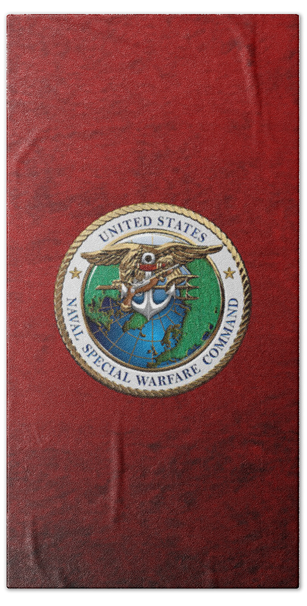 'military Insignia & Heraldry - Nswc' Collection By Serge Averbukh Bath Towel featuring the digital art Naval Special Warfare Command - N S W C - Emblem over Red Velvet by Serge Averbukh