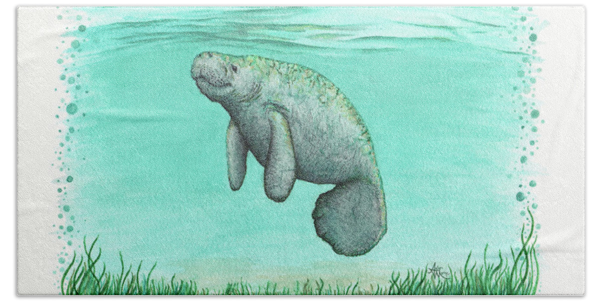Manatee Bath Towel featuring the painting Mossy Manatee by Amber Marine