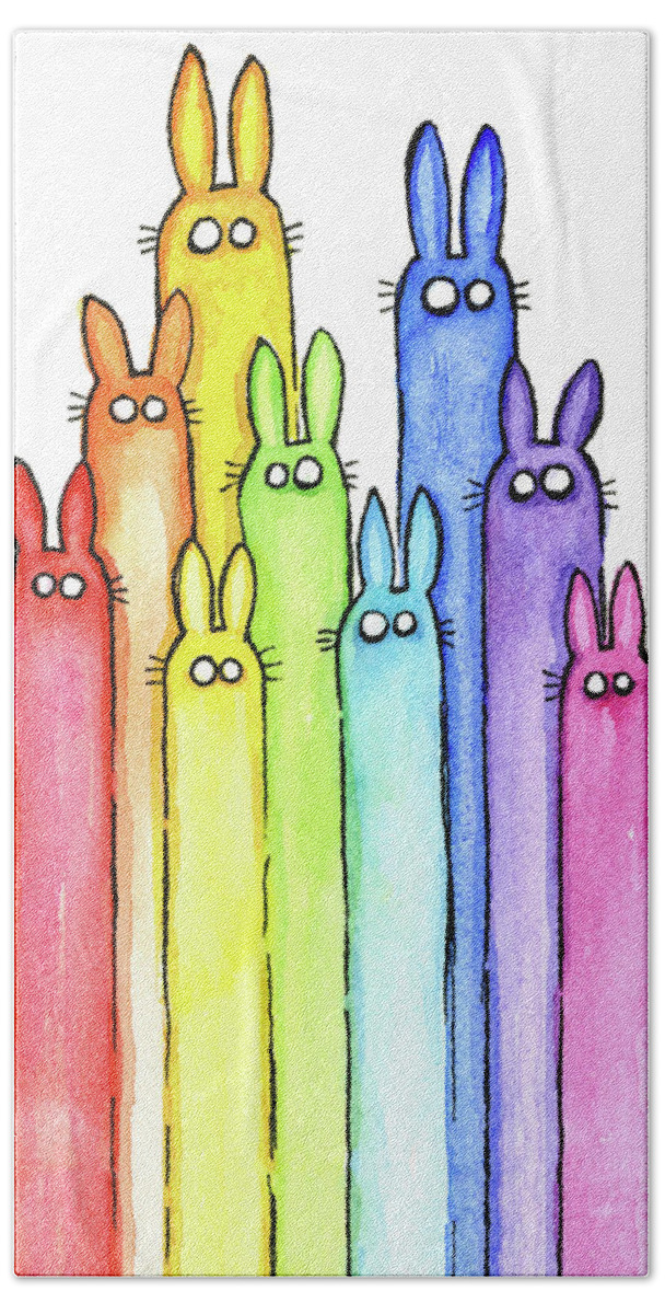 Baby Hand Towel featuring the painting Bunny Rabbits Watercolor Rainbow by Olga Shvartsur