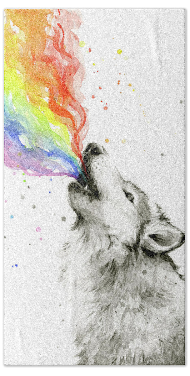 Watercolor Hand Towel featuring the painting Wolf Rainbow Watercolor by Olga Shvartsur