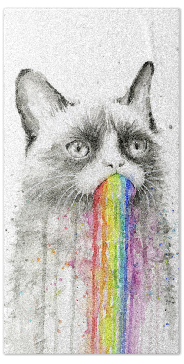 Grumpy Bath Sheet featuring the painting Grumpy Rainbow Cat by Olga Shvartsur