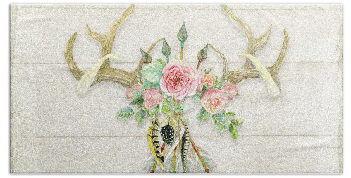 Watercolor Bath Towel featuring the painting BOHO Love - Deer Antlers Floral Inspirational by Audrey Jeanne Roberts
