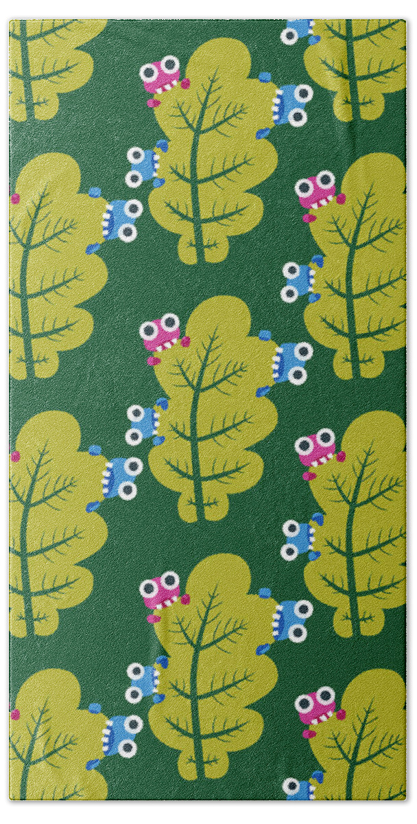 Leaf Bath Towel featuring the digital art Cute Bugs Eat Green Leaf by Boriana Giormova