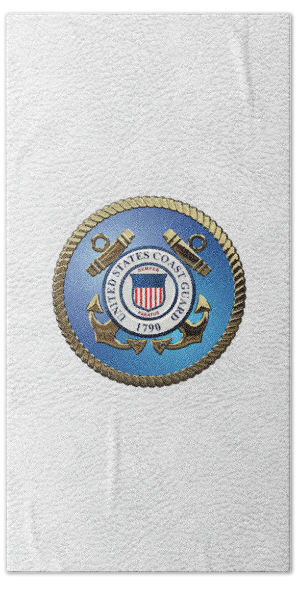 'military Insignia & Heraldry 3d' Collection By Serge Averbukh Bath Towel featuring the digital art U. S. Coast Guard - U S C G Emblem over White Leather by Serge Averbukh