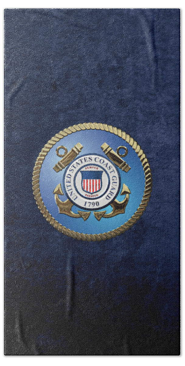 'military Insignia & Heraldry 3d' Collection By Serge Averbukh Bath Towel featuring the digital art U. S. Coast Guard - U S C G Emblem over Blue Velvet by Serge Averbukh