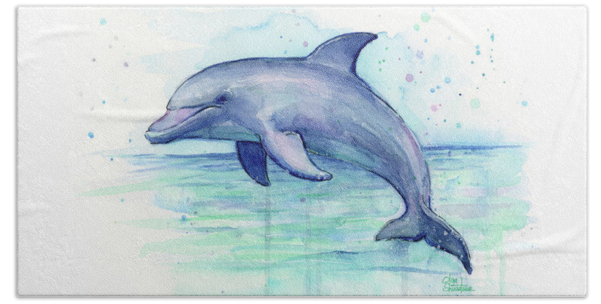Dolphin Hand Towel featuring the painting Dolphin Watercolor by Olga Shvartsur