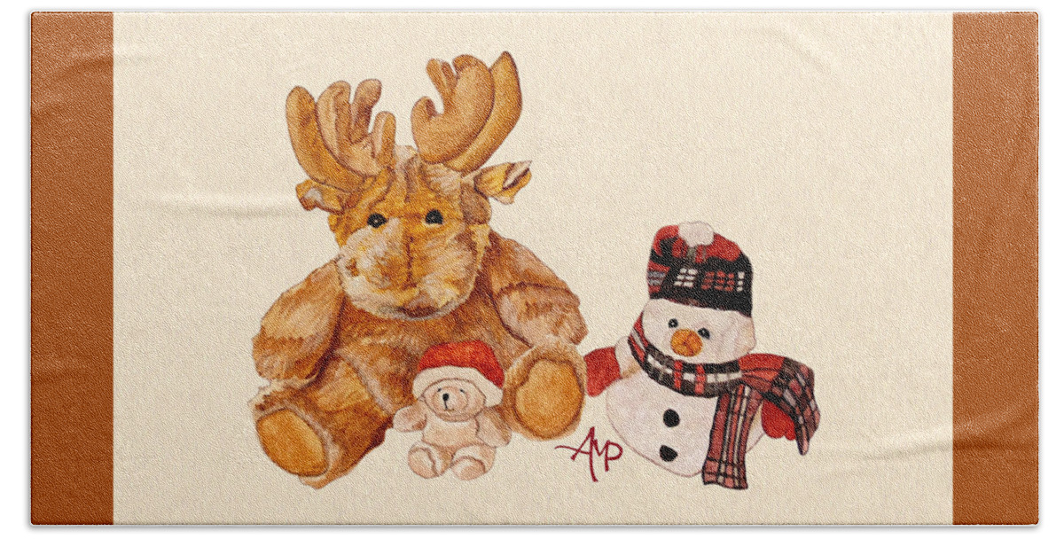 Cuddly Animals Bath Towel featuring the painting Christmas Buddies by Angeles M Pomata