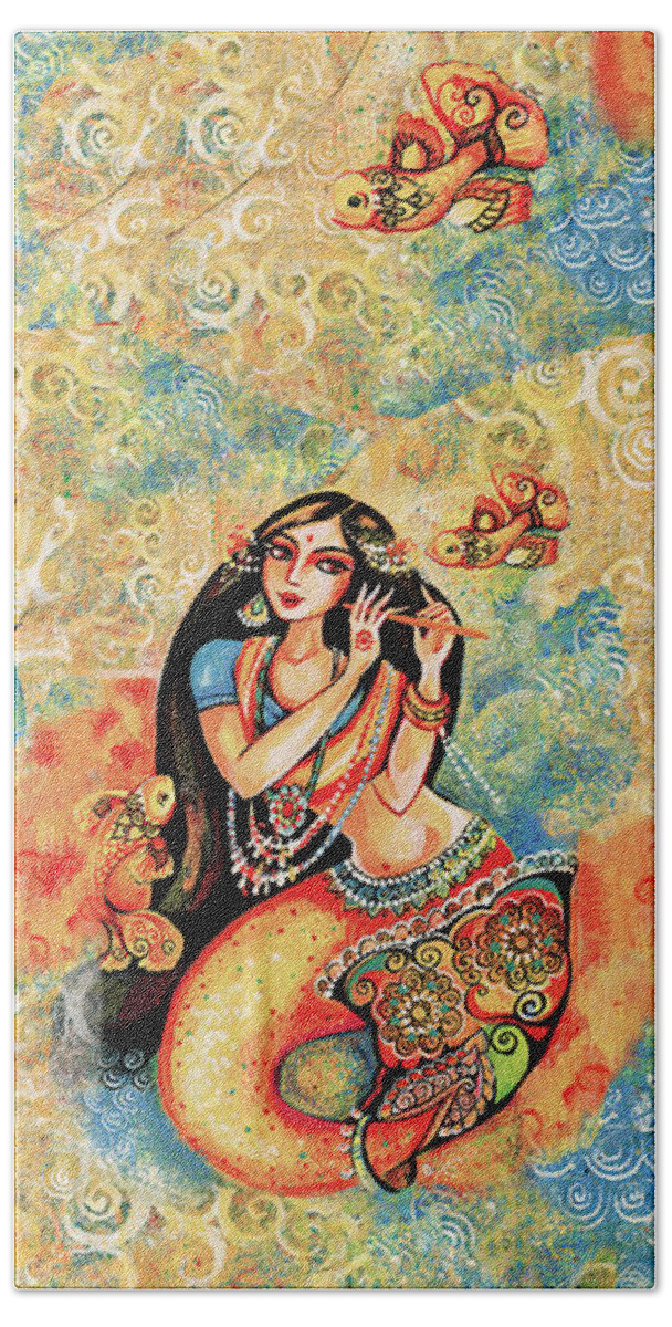 Sea Goddess Hand Towel featuring the painting Aanandinii and the Fishes by Eva Campbell