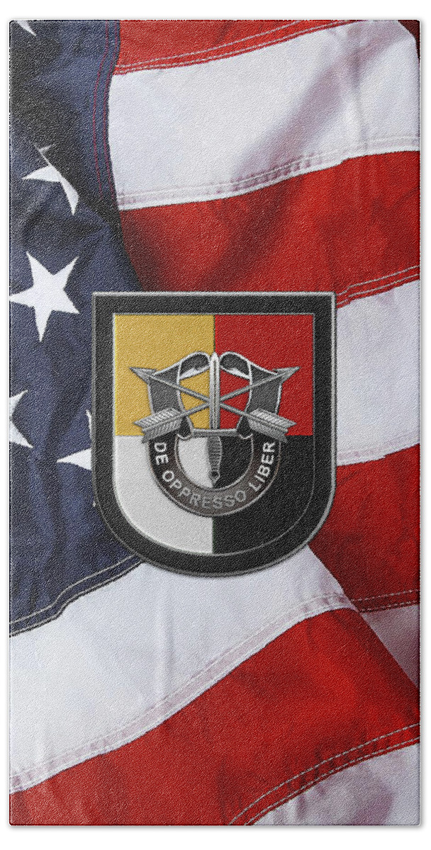 'u.s. Army Special Forces' Collection By Serge Averbukh Bath Towel featuring the digital art U. S. Army 3rd Special Forces Group - 3 S F G Beret Flash over American Flag by Serge Averbukh